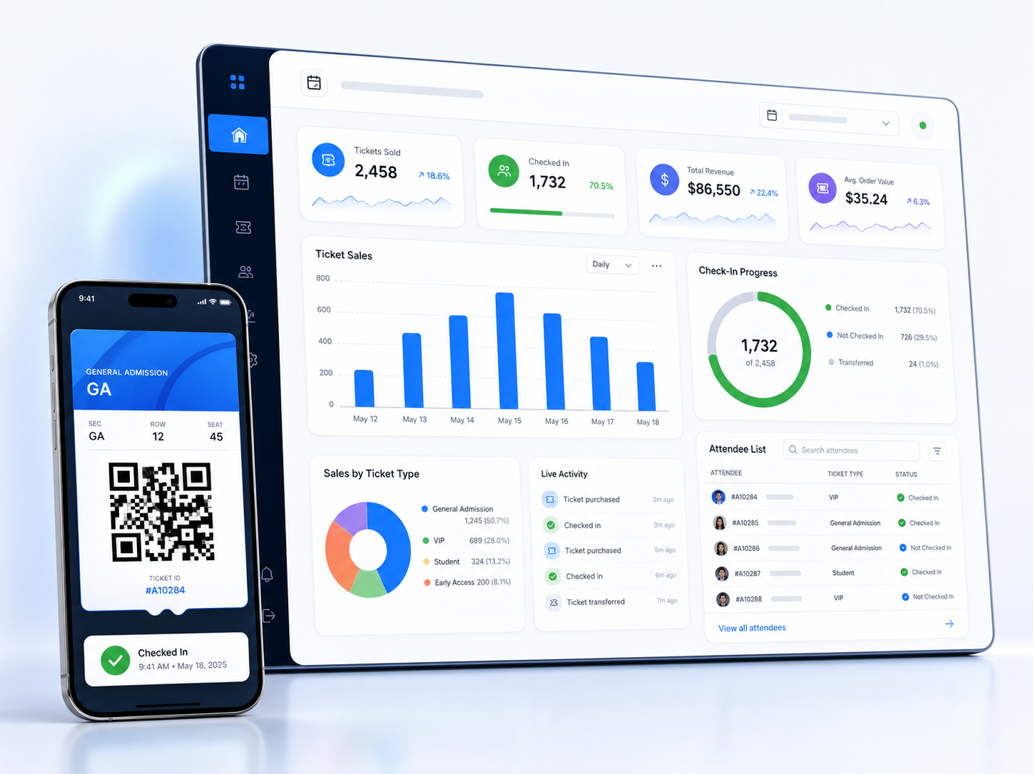 Dash3 Events ticket sales, attendee check-in, revenue, and mobile QR ticket operations dashboard